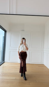 Saten Dantel Detaylı Midi Etek - Kahverengi