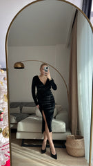 Kruvaze Yaka Kadife Elbise