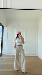 Premium Çizgili Paçası Detaylı Keten Pantolon