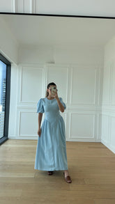 Emily Mavi Premium Keten Elbise