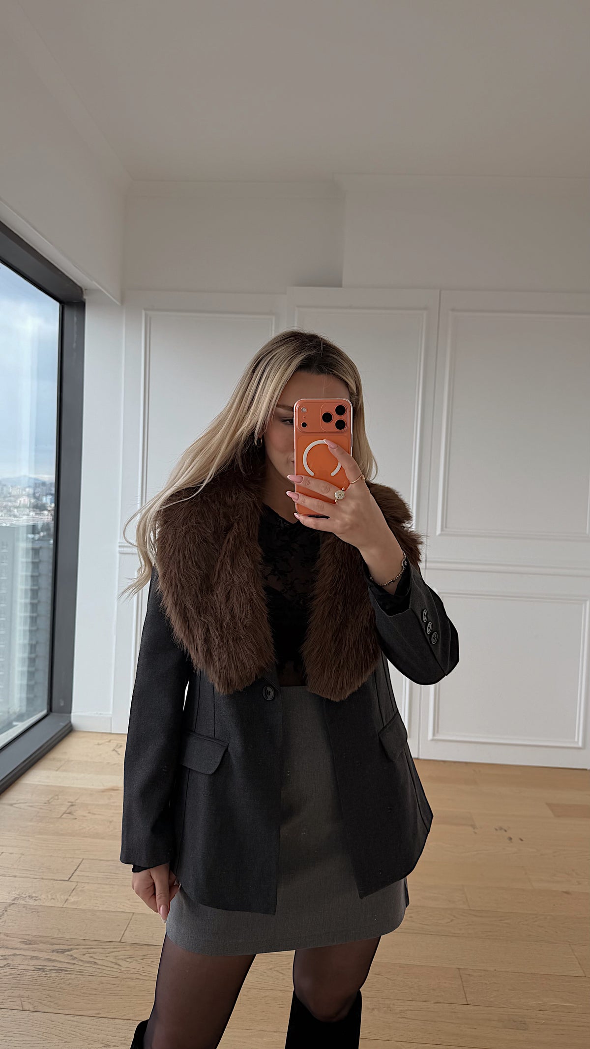 Kürk Deteylı Gri Ceket