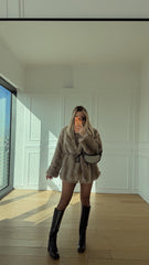 Ekru Kahve Geçişli Kemer Detaylı Kürk