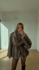 Ekru Kahve Geçişli Kemer Detaylı Kürk