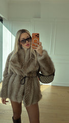 Ekru Kahve Geçişli Kemer Detaylı Kürk