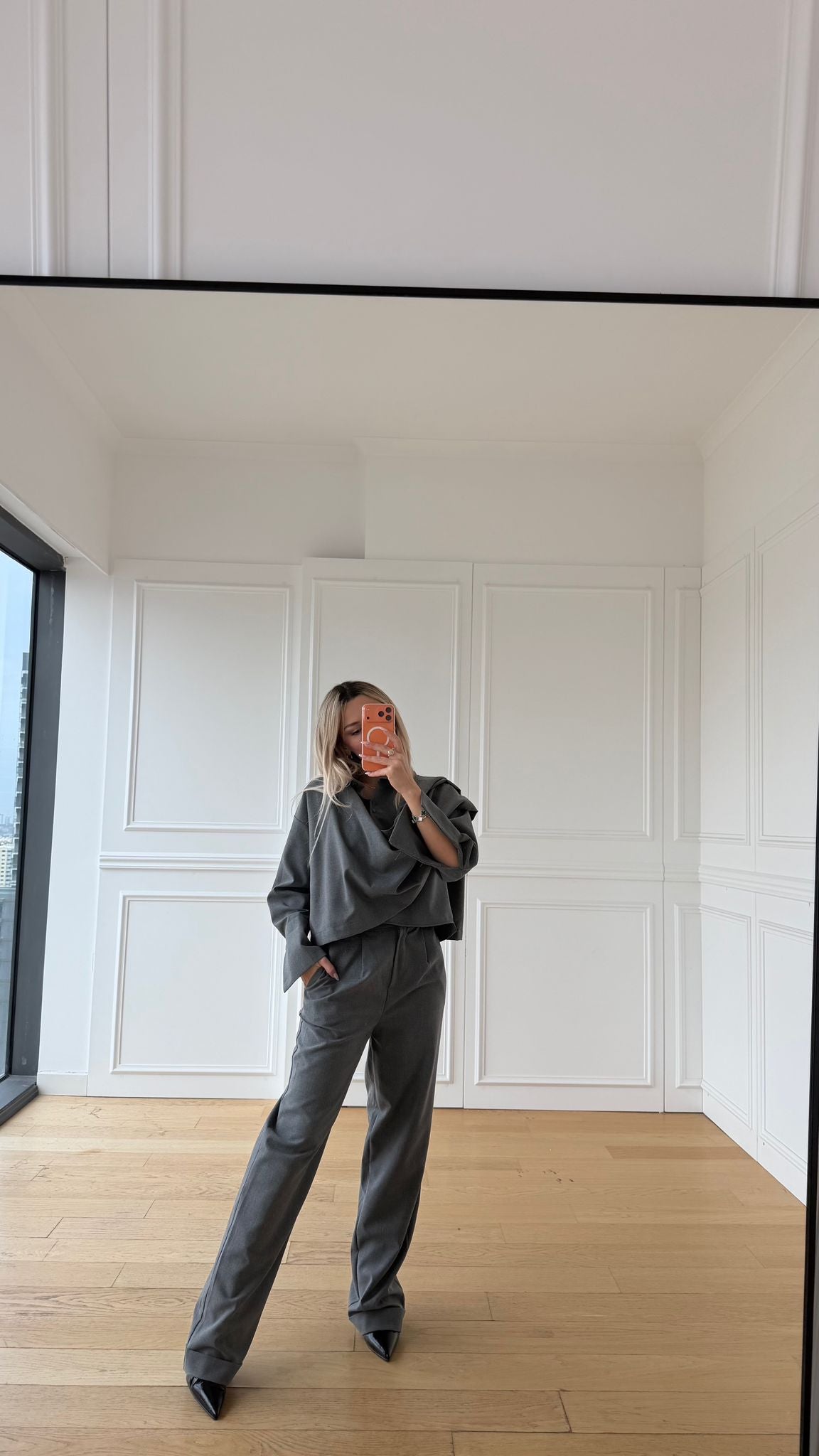 Dökümlü Ön Detaylı Gömlek Pantolon Gri Takım