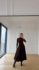 Yüksek Bel Pileli Acı Kahve Etek