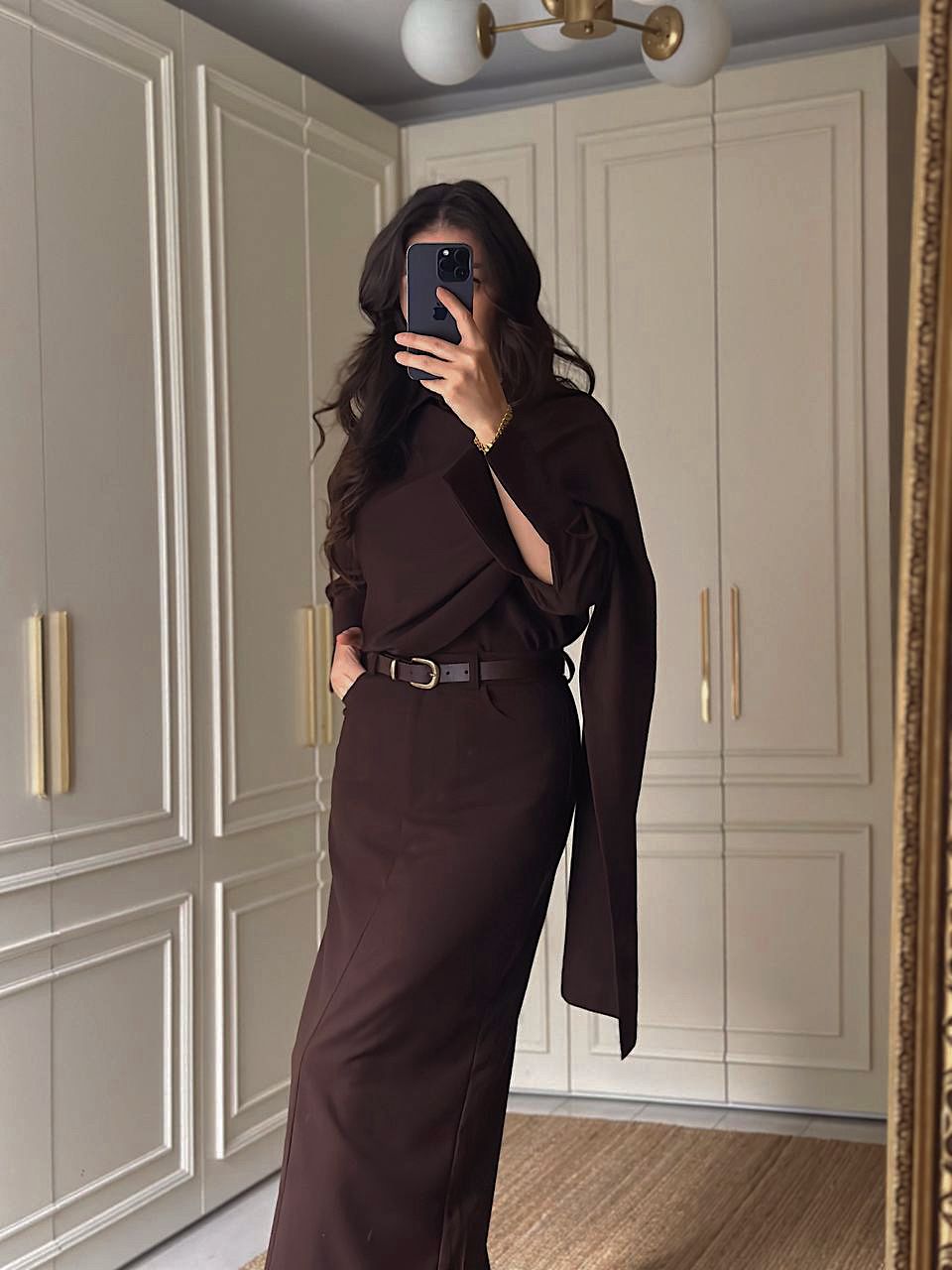 Ön Detaylı Gömlek Etek Takım - Kahverengi