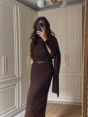 Ön Detaylı Gömlek Etek Takım - Kahverengi