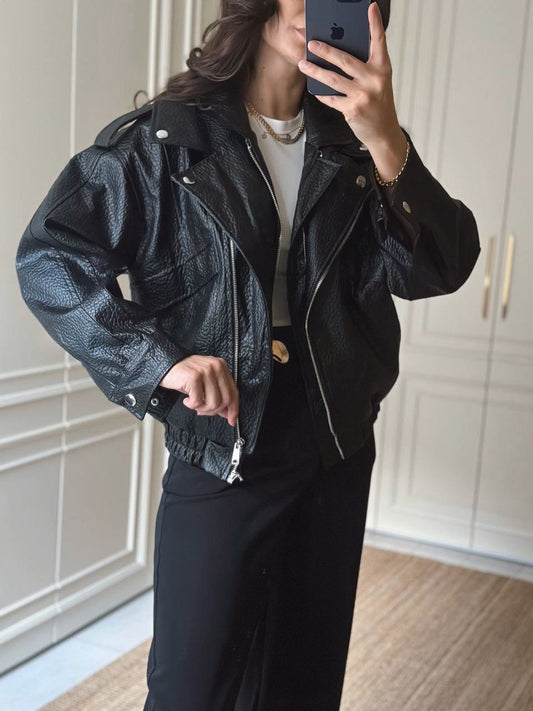 Siyah Oversize Deri Ceket