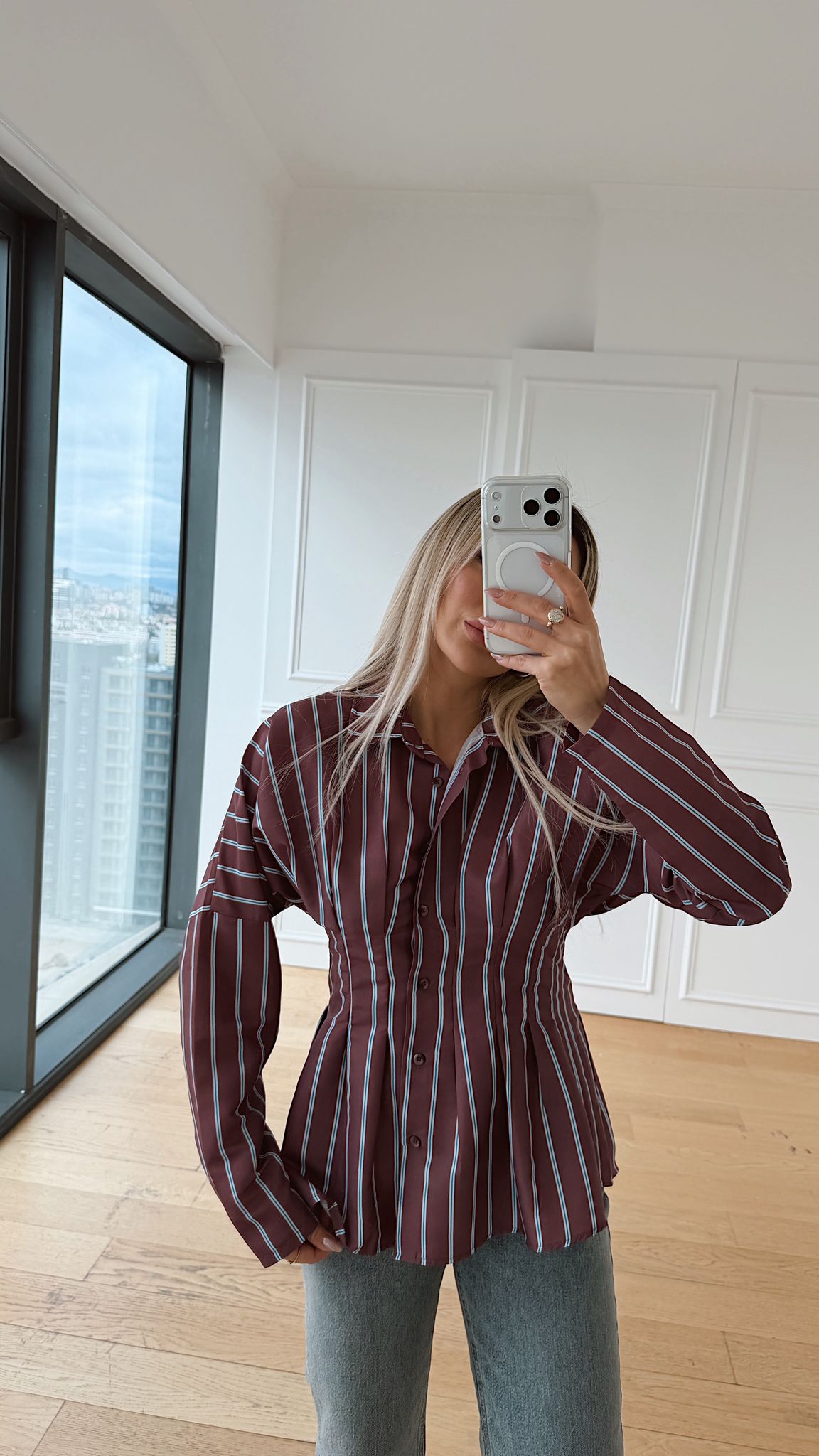 Bordo Çizgili Piliseli Gömlek