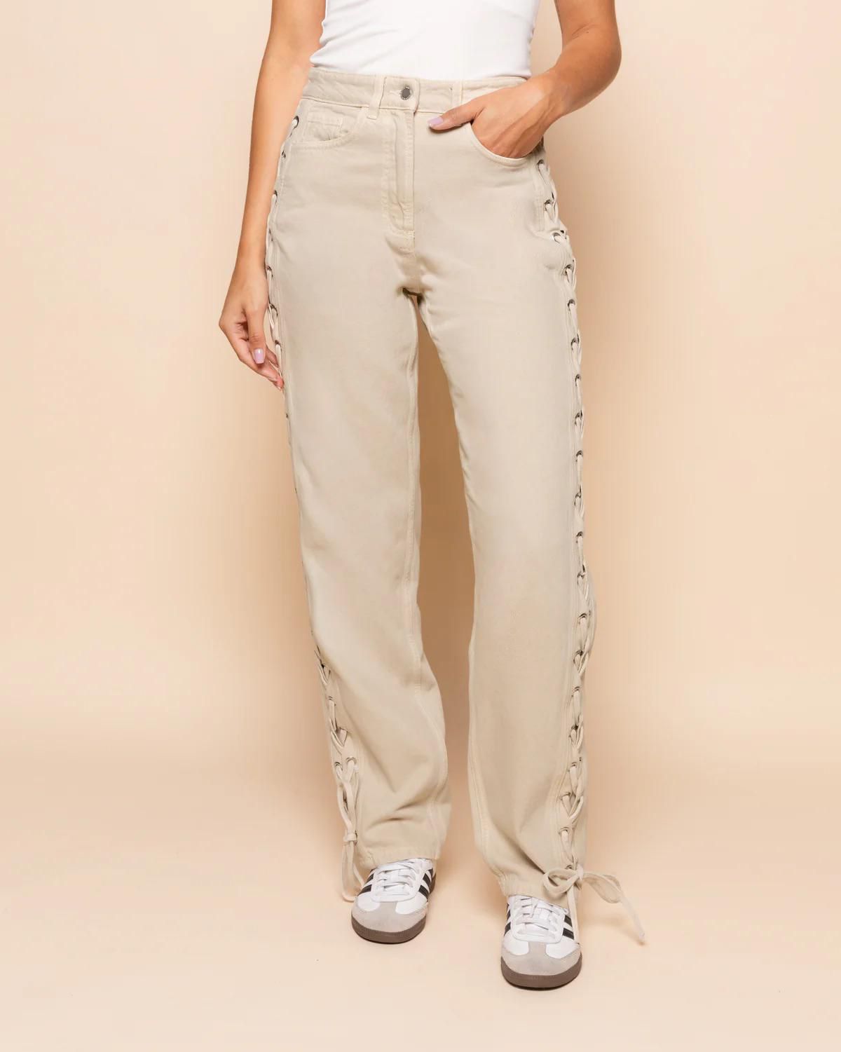 Bağlama Detaylı Bej Jean