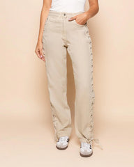 Bağlama Detaylı Bej Jean