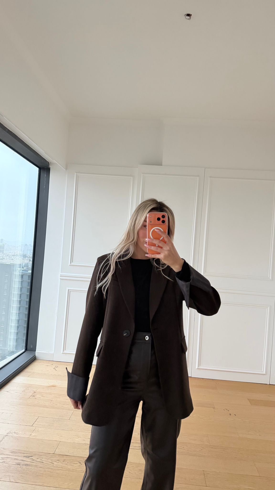 Kahve Çizgi Detaylı Blazer Ceket