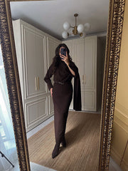 Ön Detaylı Gömlek Etek Takım - Kahverengi