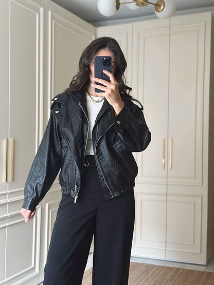 Siyah Oversize Deri Ceket