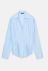 Pileli Poplin Gömlek - Buz Mavi