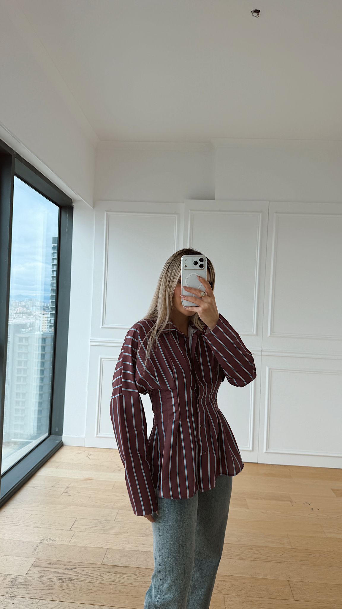 Bordo Çizgili Piliseli Gömlek