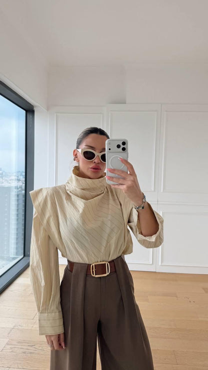 Elegance Çizgili Açık Sarı  Gömlek