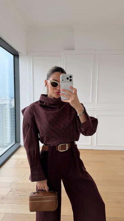 Elegance Çizgili Bordo Gömlek