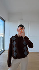 Kahverengi Gri Baklava Desen Hırka