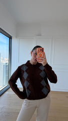 Kahverengi Gri Baklava Desen Hırka