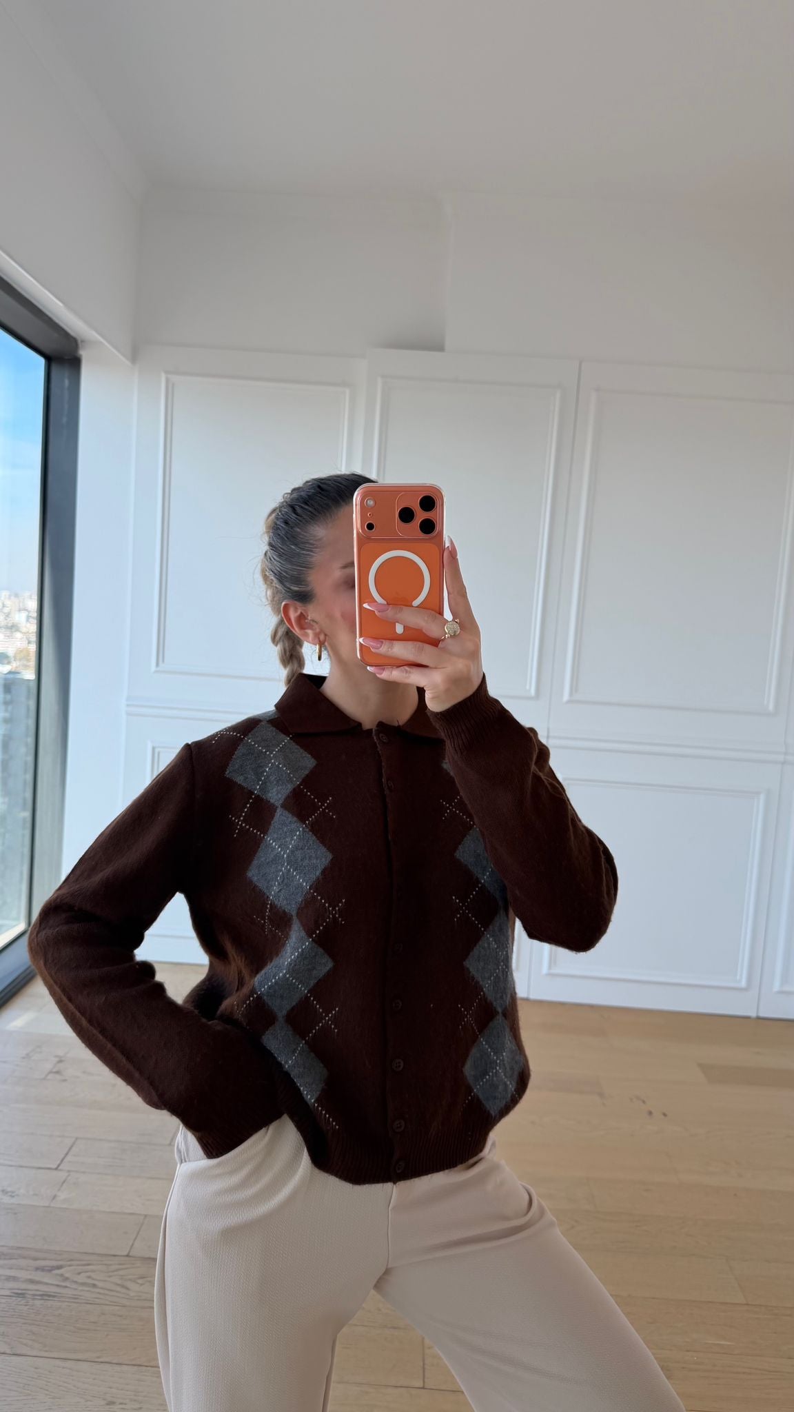 Kahverengi Gri Baklava Desen Hırka