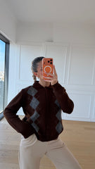 Kahverengi Gri Baklava Desen Hırka