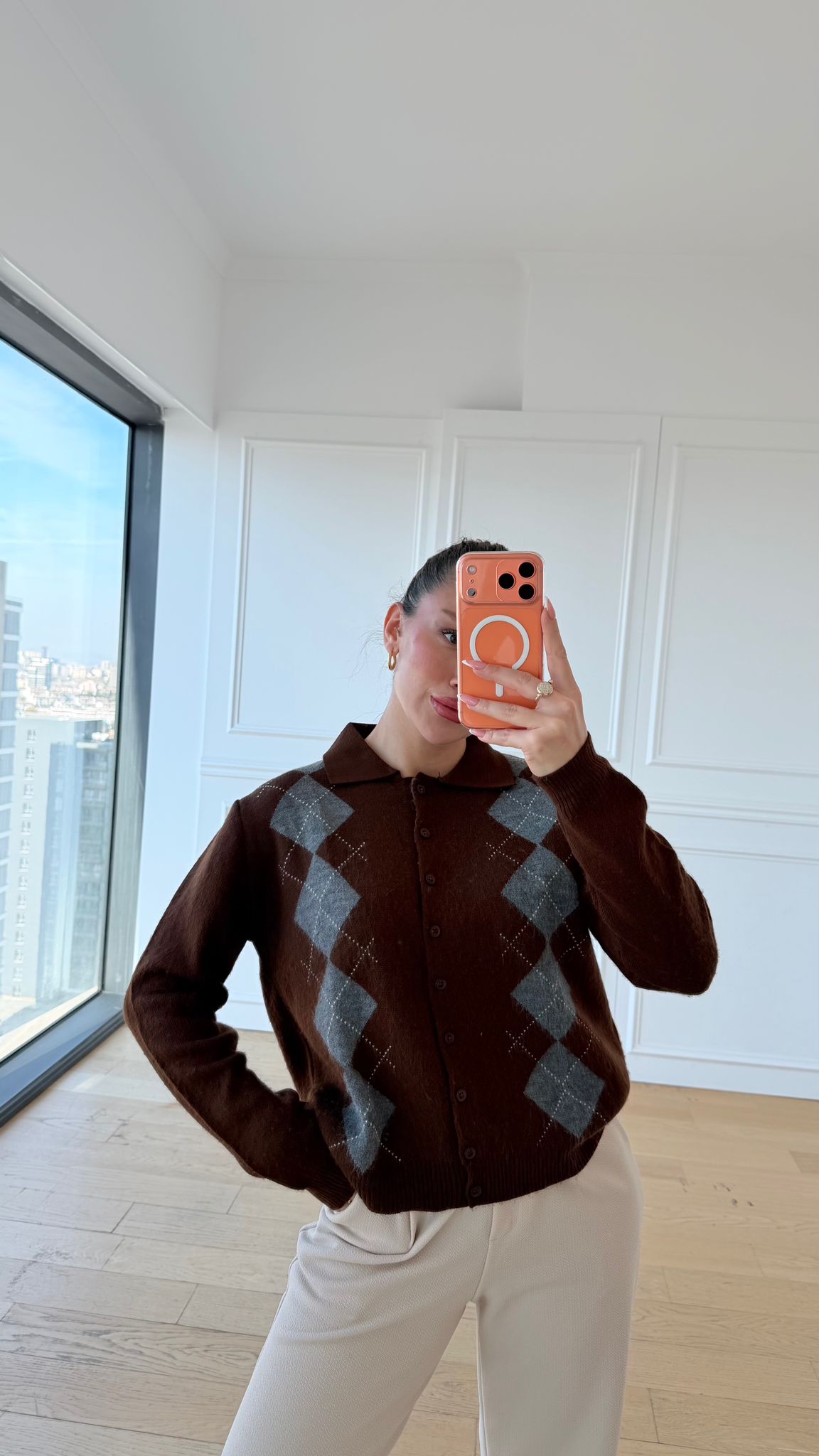 Kahverengi Gri Baklava Desen Hırka