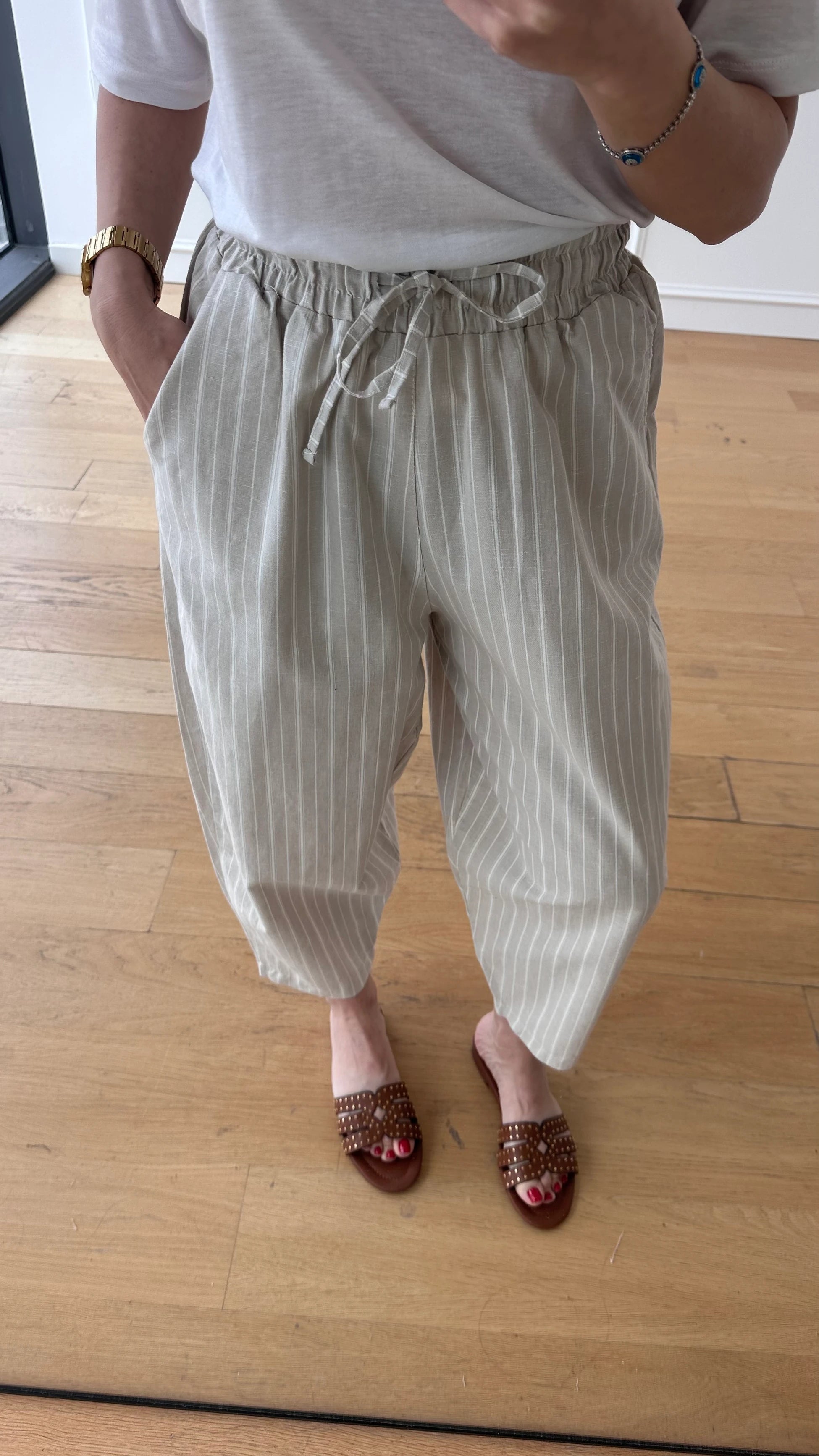 Keten Çizgili Balon Pantolon