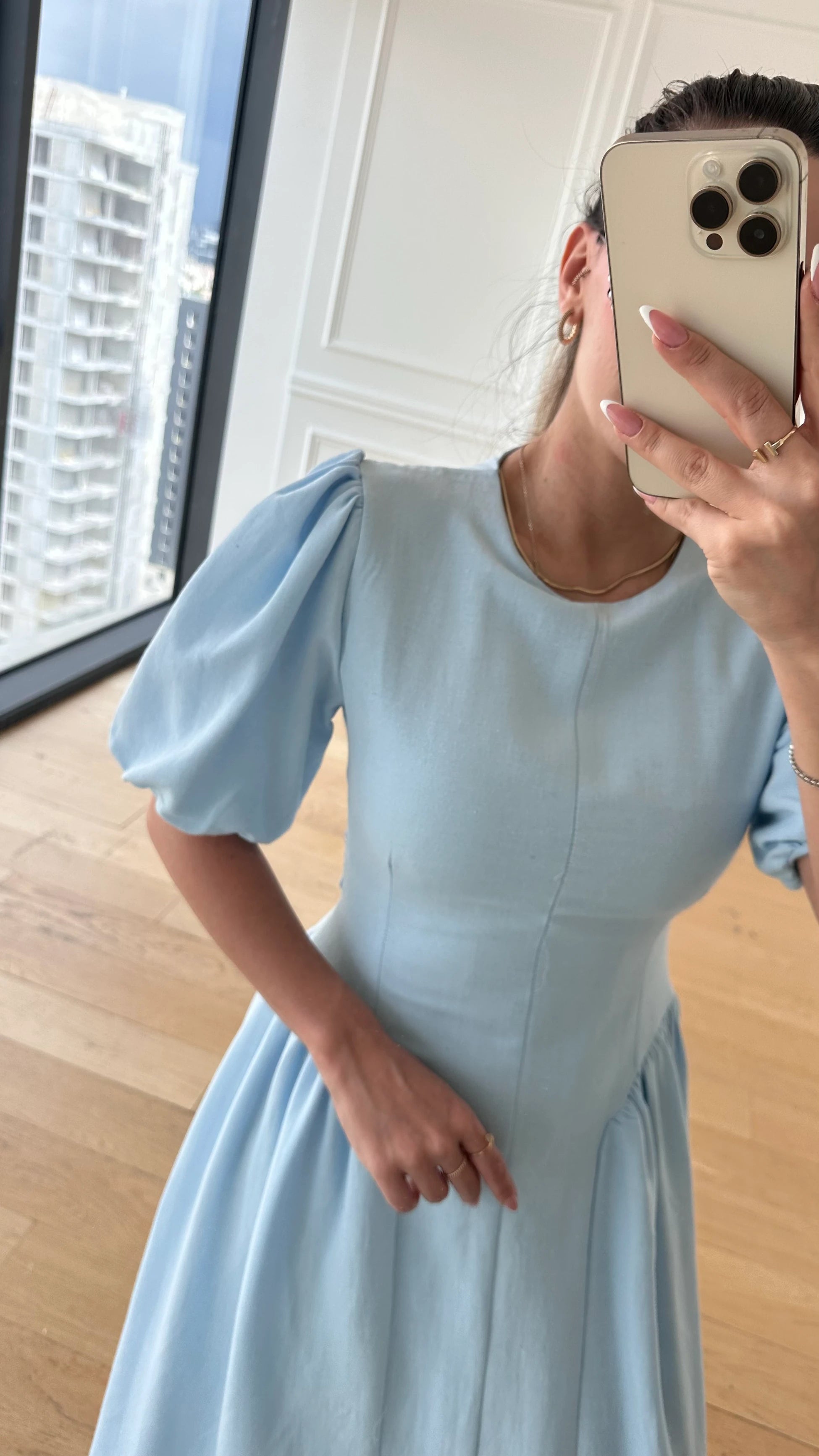 Emily Mavi Premium Keten Elbise