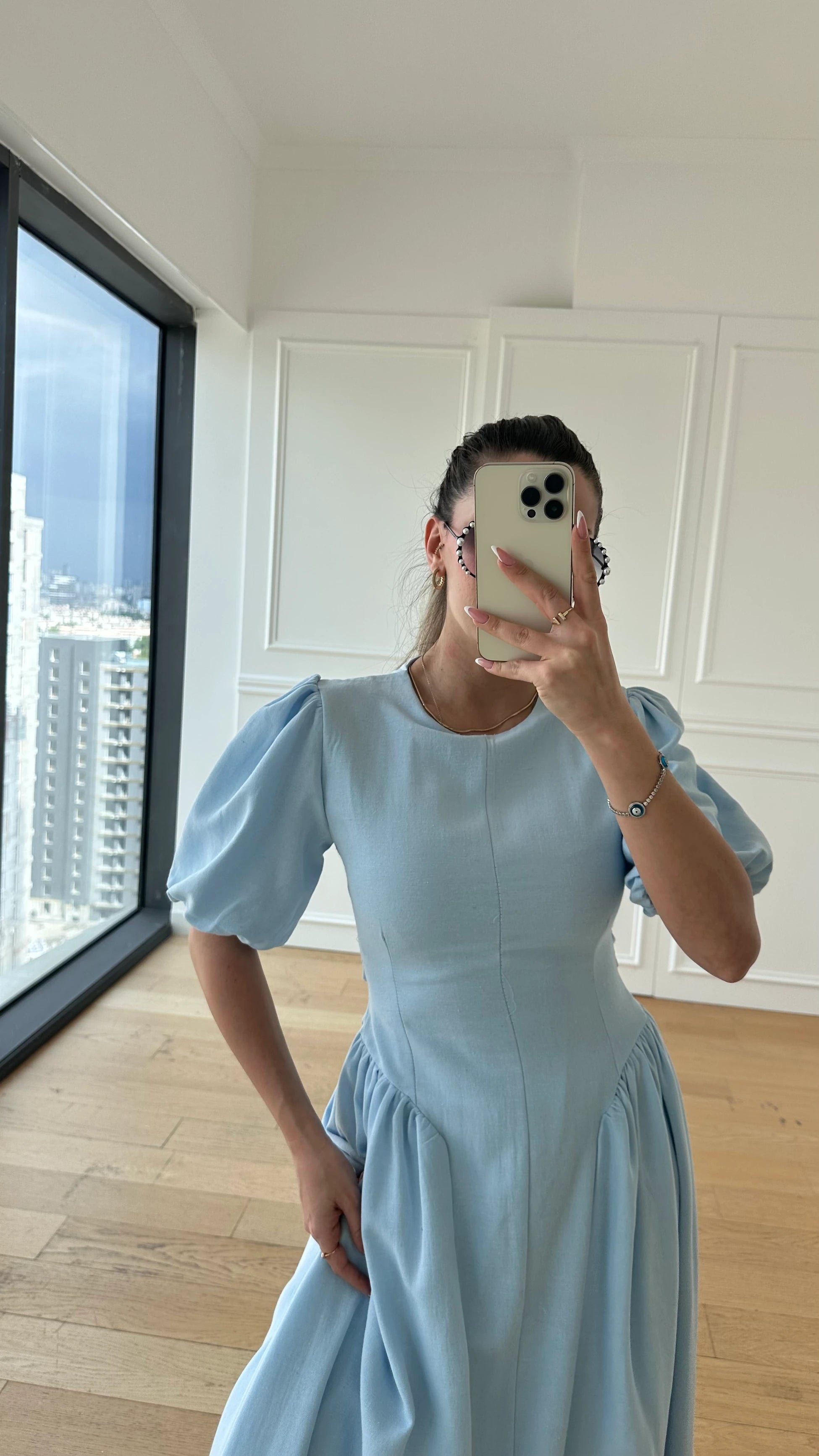 Emily Mavi Premium Keten Elbise