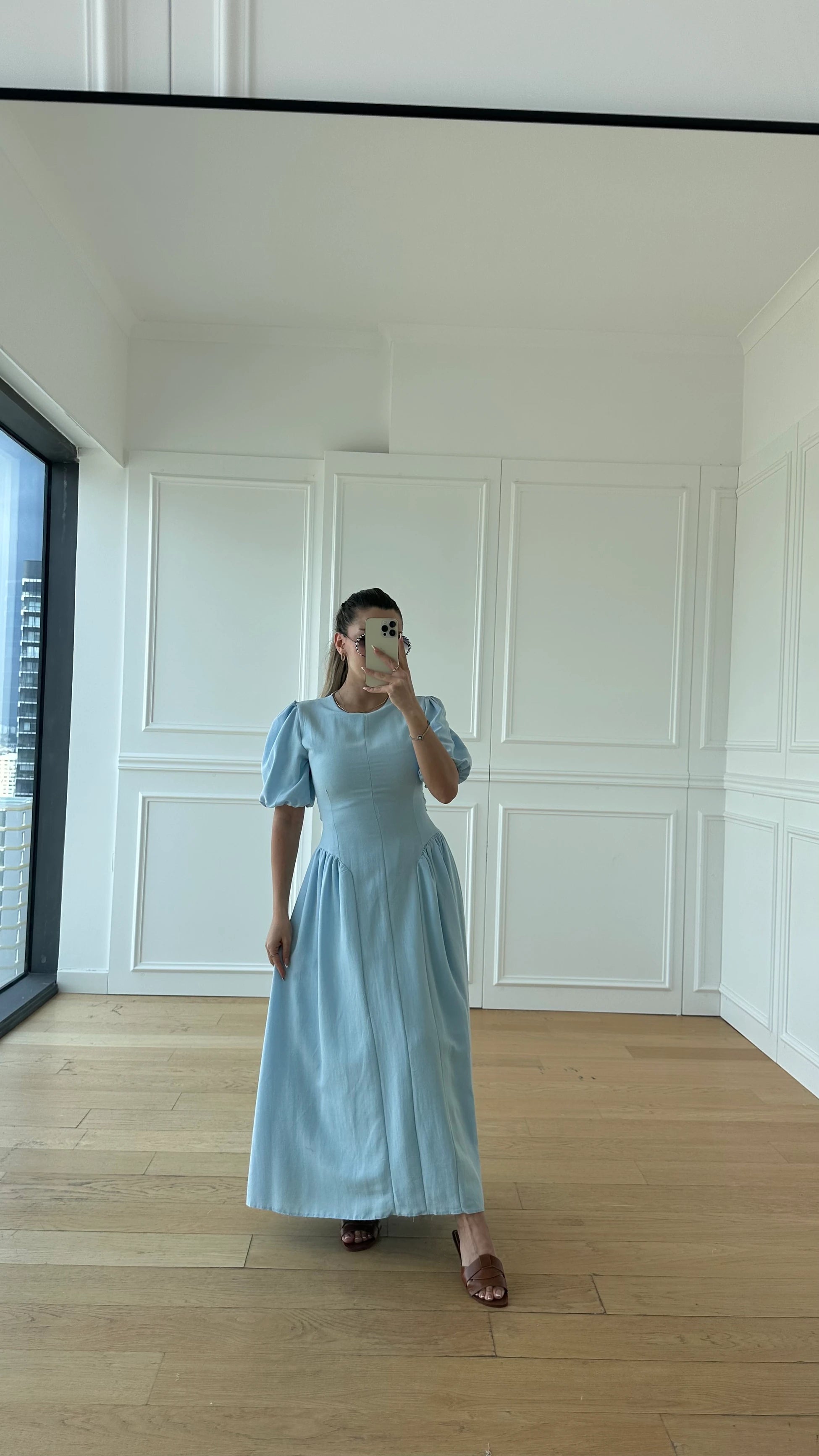 Emily Mavi Premium Keten Elbise