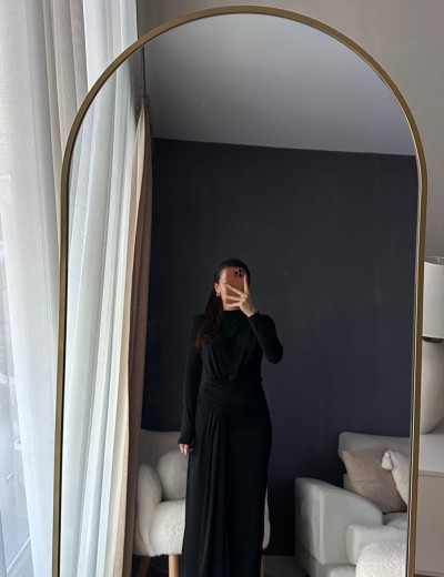 Drape Detaylı Siyah Elbise